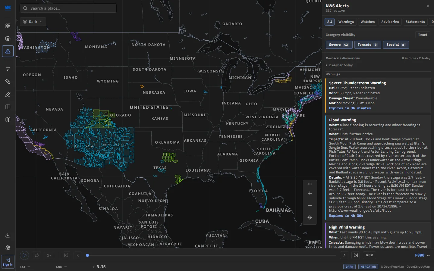 NWS alerts in WeatherTS: warning and watch polygons across the US and the alert rail listing each one