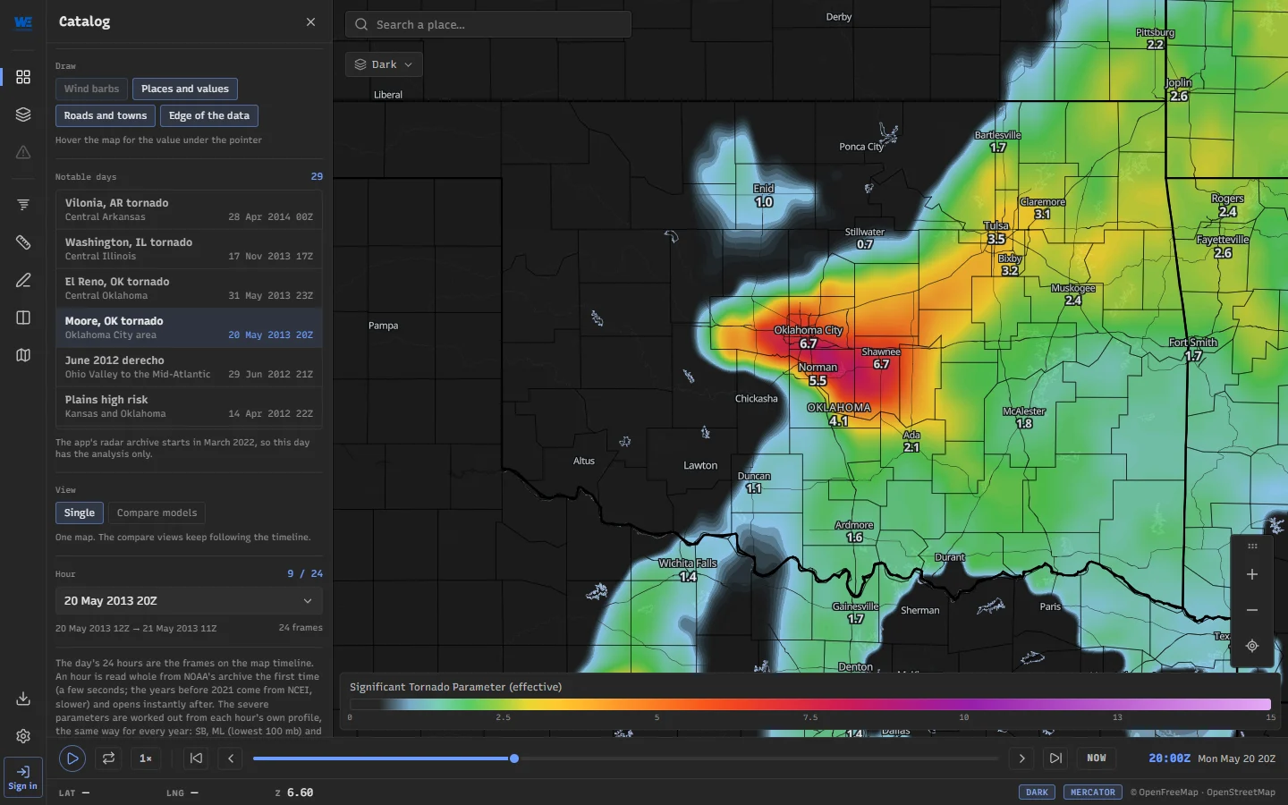 The mesoanalysis archive in WeatherTS: effective-layer STP over Oklahoma at 20Z on 20 May 2013, the hour of the Moore tornado, with the notable days listed beside the map