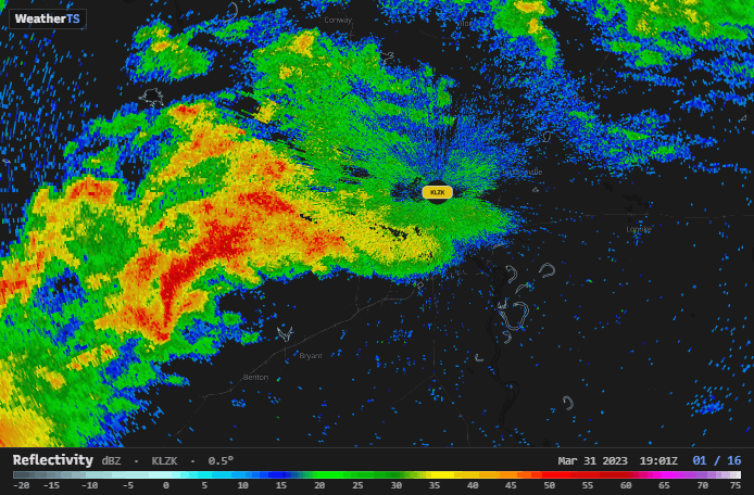 A GIF exported from WeatherTS: the Little Rock radar loop with the WeatherTS name in the corner and the info bar under it