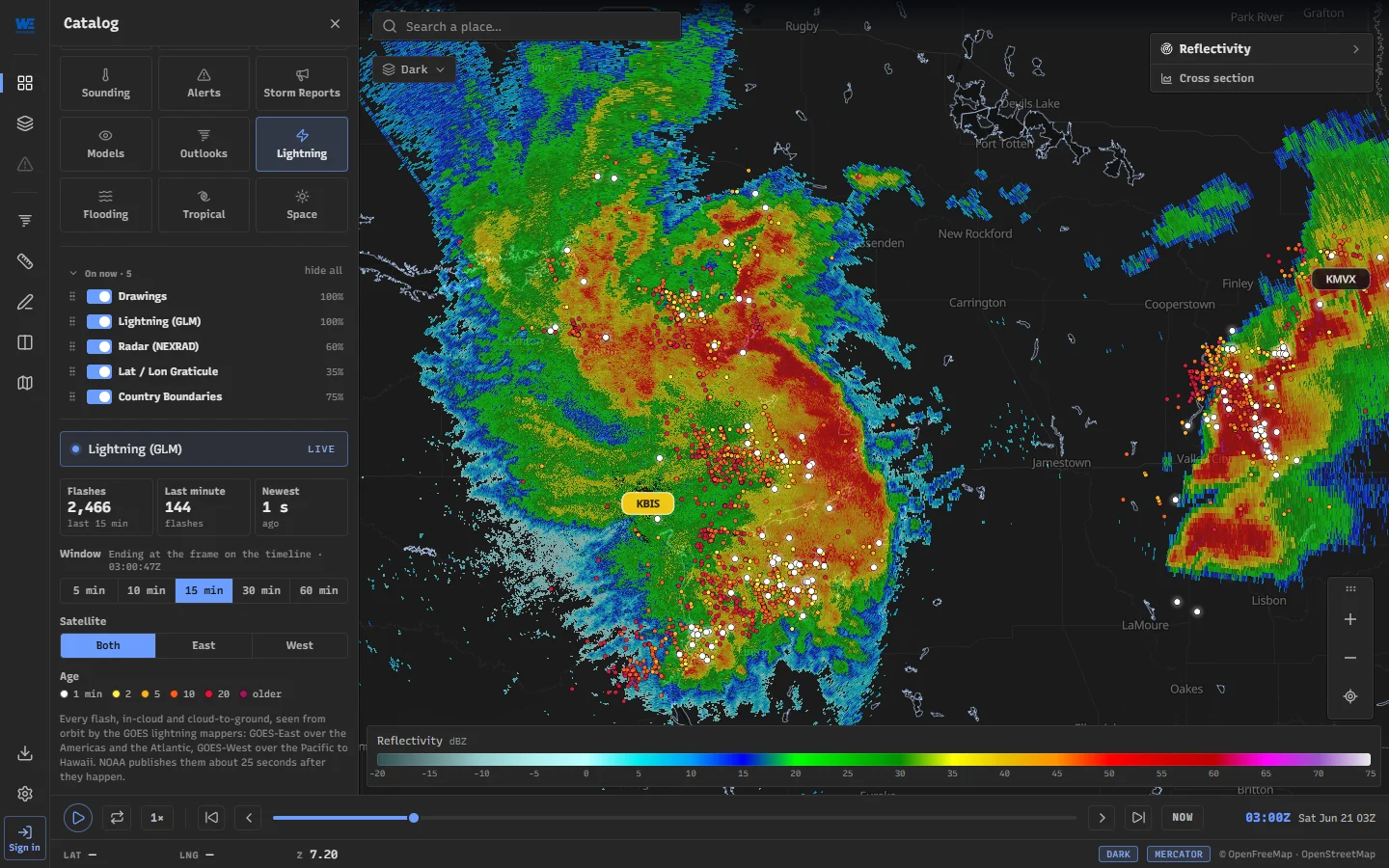 GOES lightning flashes in WeatherTS, coloured by age, over radar reflectivity of storms across North Dakota, with the Lightning panel open