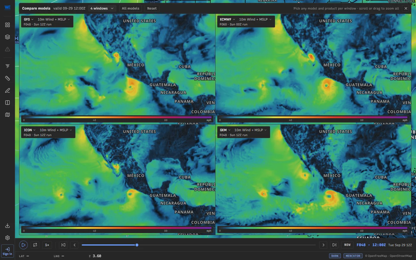 The Compare models grid in WeatherTS: GFS, ECMWF, ICON and GEM 10-metre wind for the same hour, side by side