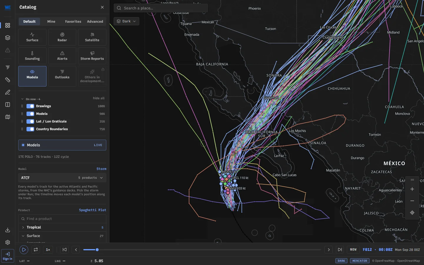 A spaghetti plot in WeatherTS: every model's forecast track for Hurricane Polo towards Baja California
