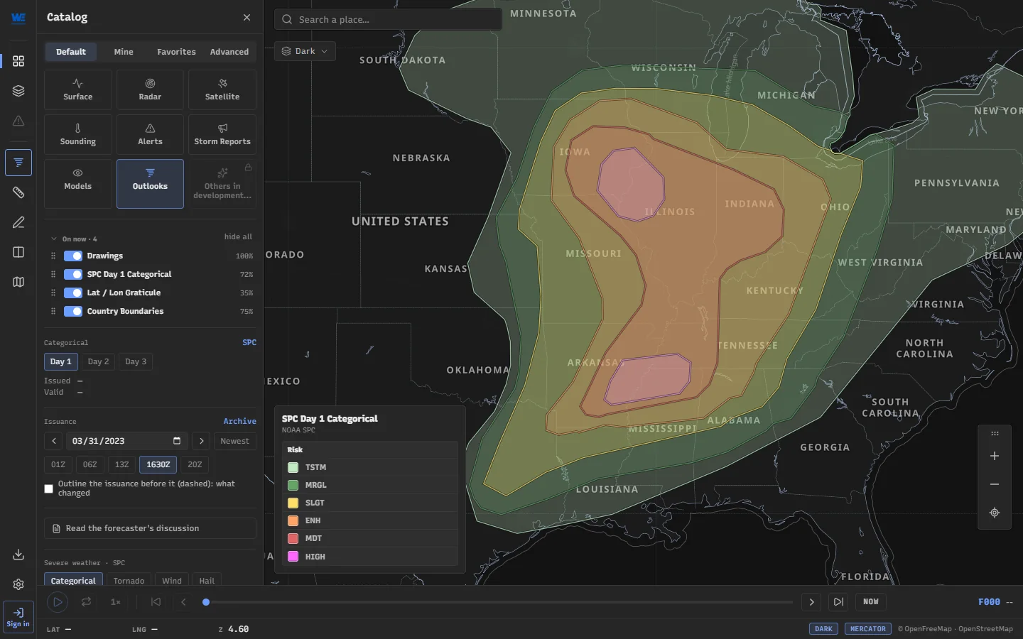 The Outlooks panel in WeatherTS with SPC's Day 1 outlook of 31 March 2023 picked from the archive, two high risk areas on the map