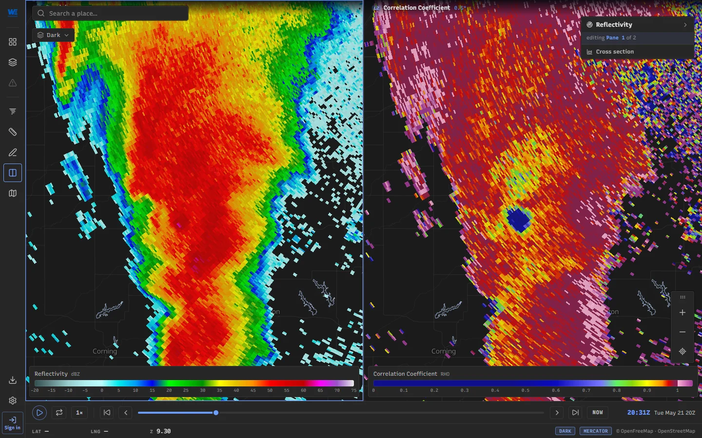 WeatherTS split into two radar panes: reflectivity beside correlation coefficient of the Greenfield, Iowa tornadic supercell, with a drop in correlation where the tornado lofts debris