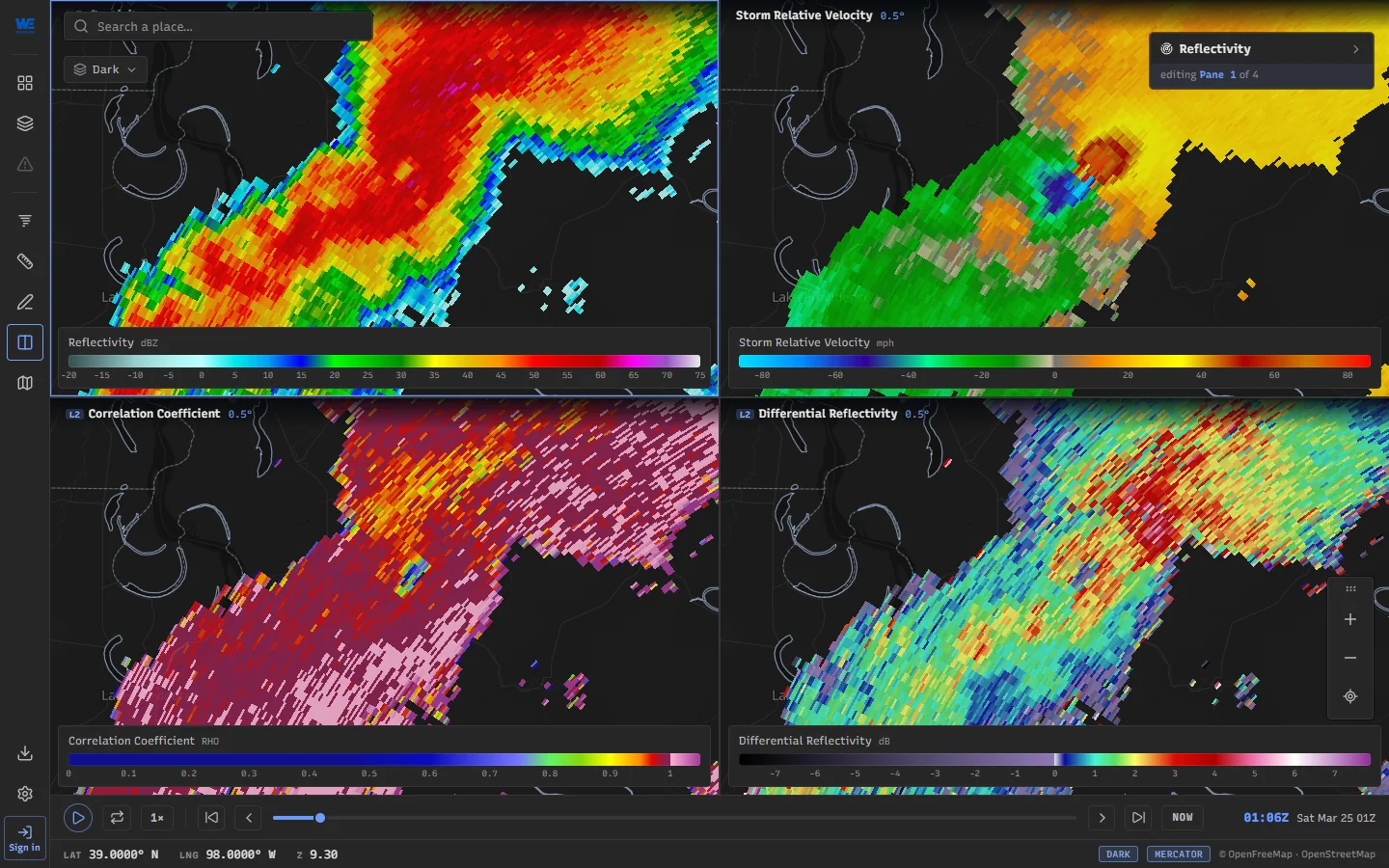 WeatherTS split into four radar panes: reflectivity, storm-relative velocity, correlation coefficient and differential reflectivity of one tornadic storm