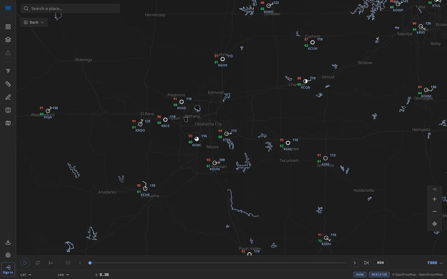 Station plots around Oklahoma City in WeatherTS: airports and mesonet stations with temperature, dew point, wind and pressure
