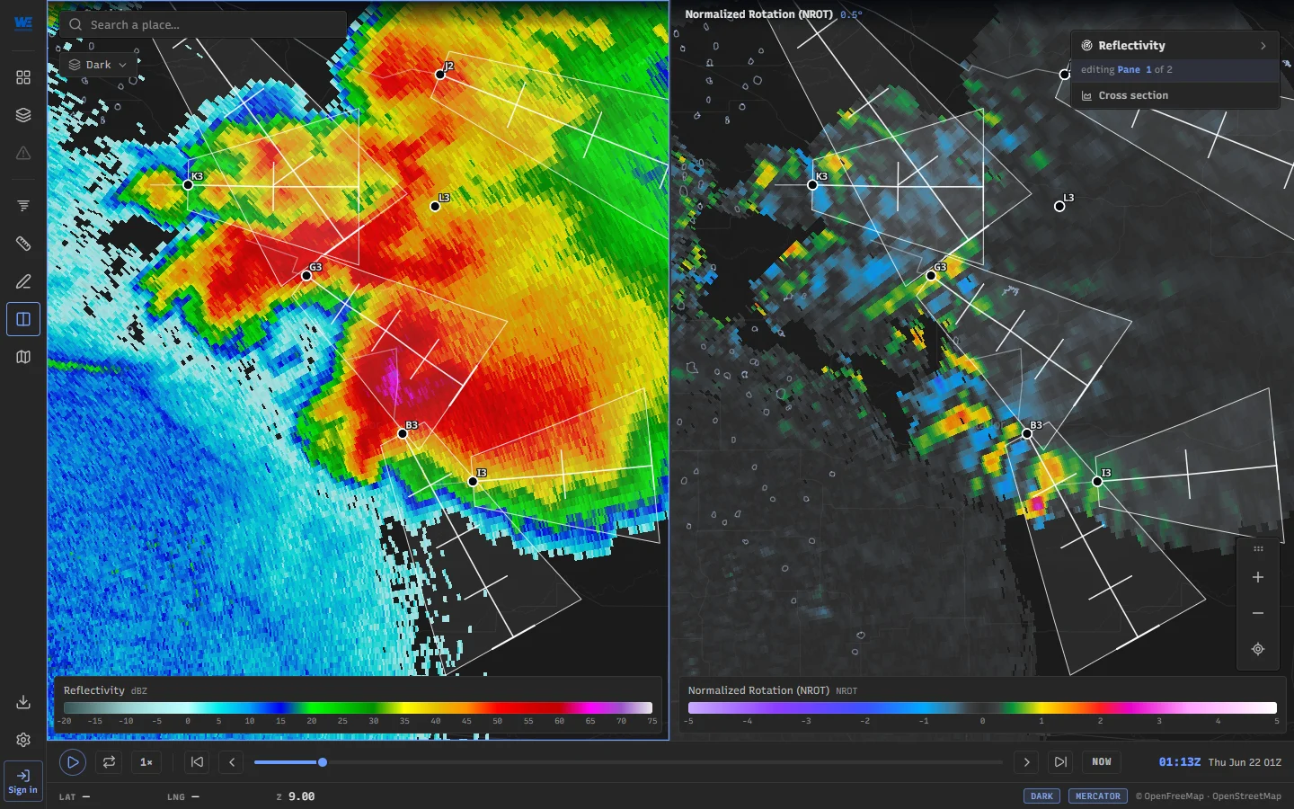 Two radar panes in WeatherTS: reflectivity and normalized rotation of the Matador, Texas supercell, with the NWS storm tracks and their forecast cones