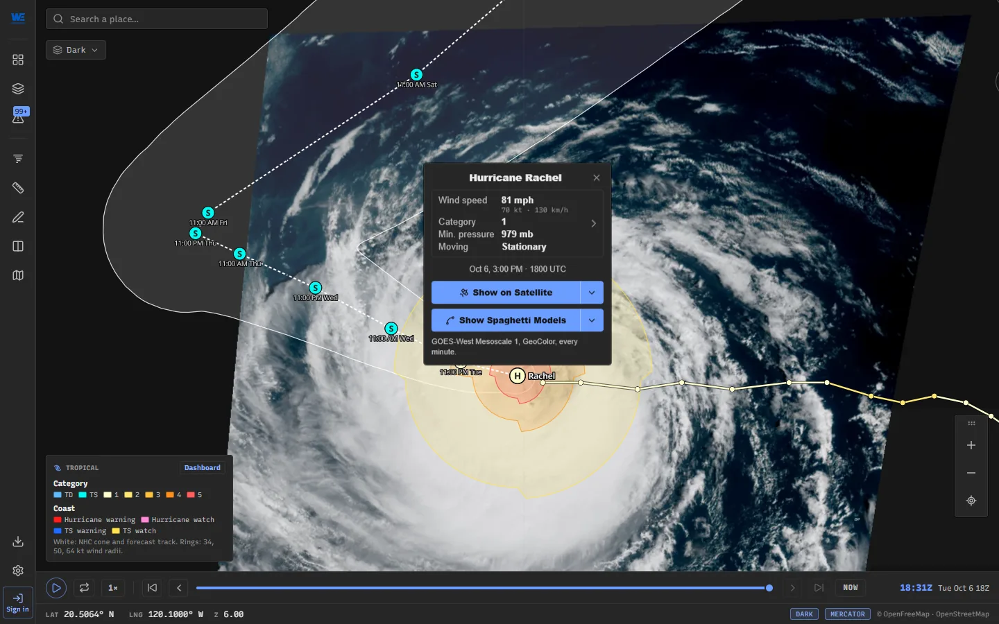 Hurricane Rachel on the map in WeatherTS with its card open, over GOES-West's one-minute picture of the storm